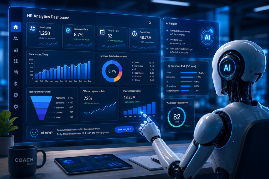 AI analyzing an HR Dashboard to uncover insights from Headcount, Turnover, Recruitment, and Payroll data