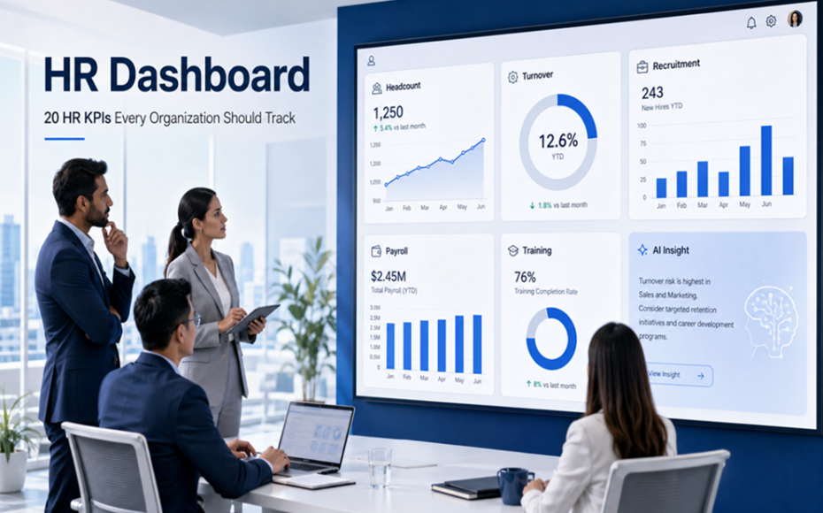 HR Dashboard with AI Analytics แสดงข้อมูล Headcount, Turnover, Recruitment, Payroll, Training และ AI Insight