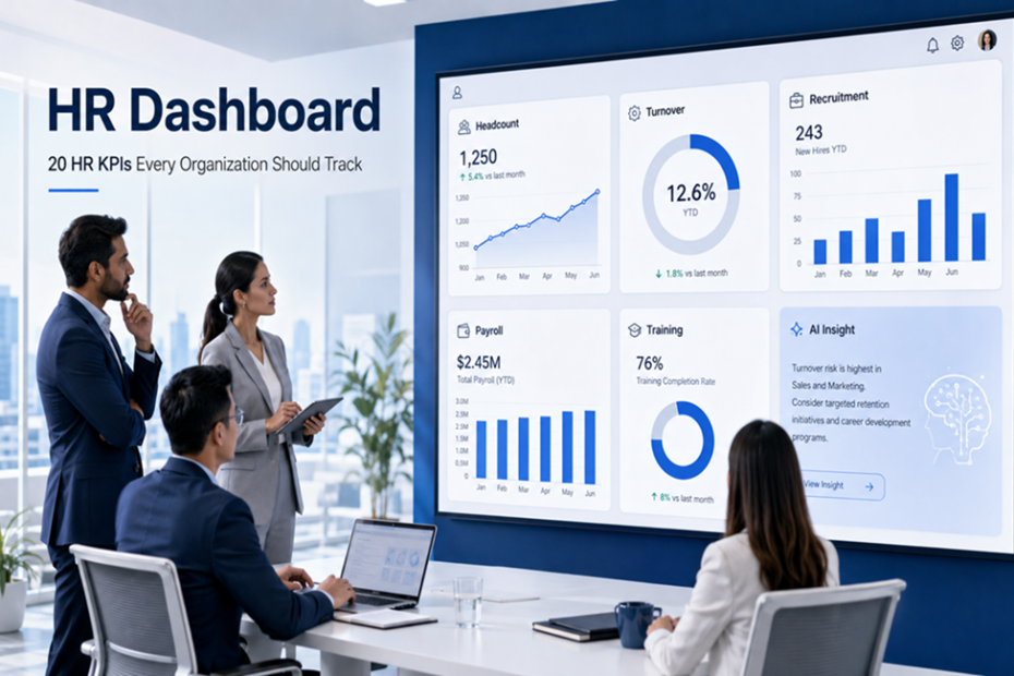HR Dashboard with AI Analytics แสดงข้อมูล Headcount, Turnover, Recruitment, Payroll, Training และ AI Insight