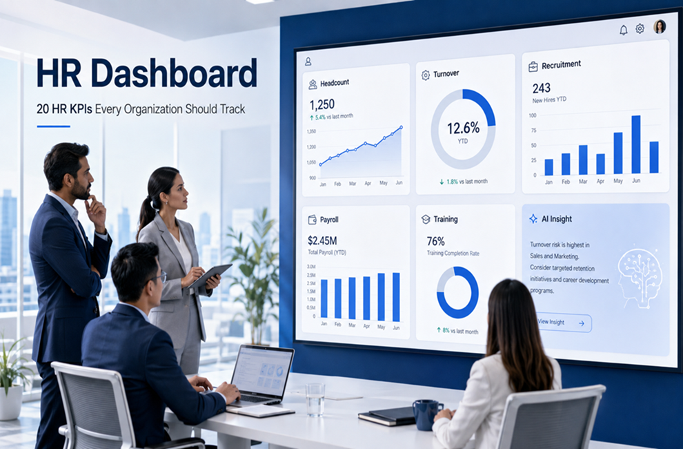 HR Dashboard with AI Analytics แสดงข้อมูล Headcount, Turnover, Recruitment, Payroll, Training และ AI Insight